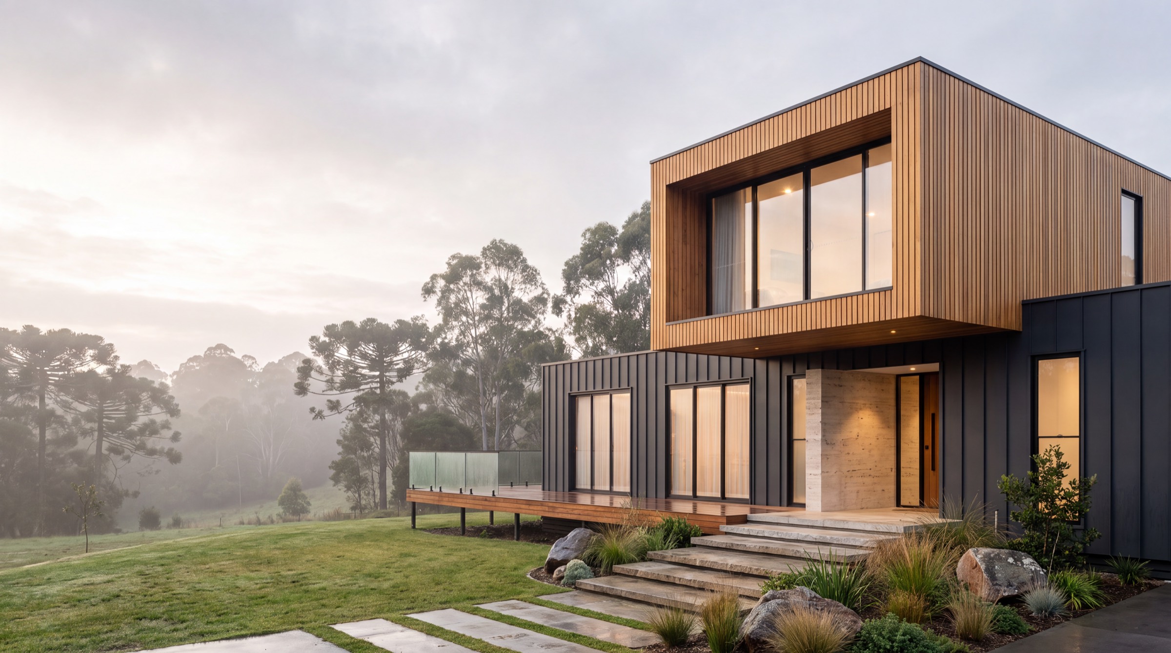 Casa modular Sanja Smart de dois volumes, com fachada em madeira e painel metálico escuro, ao fim da tarde